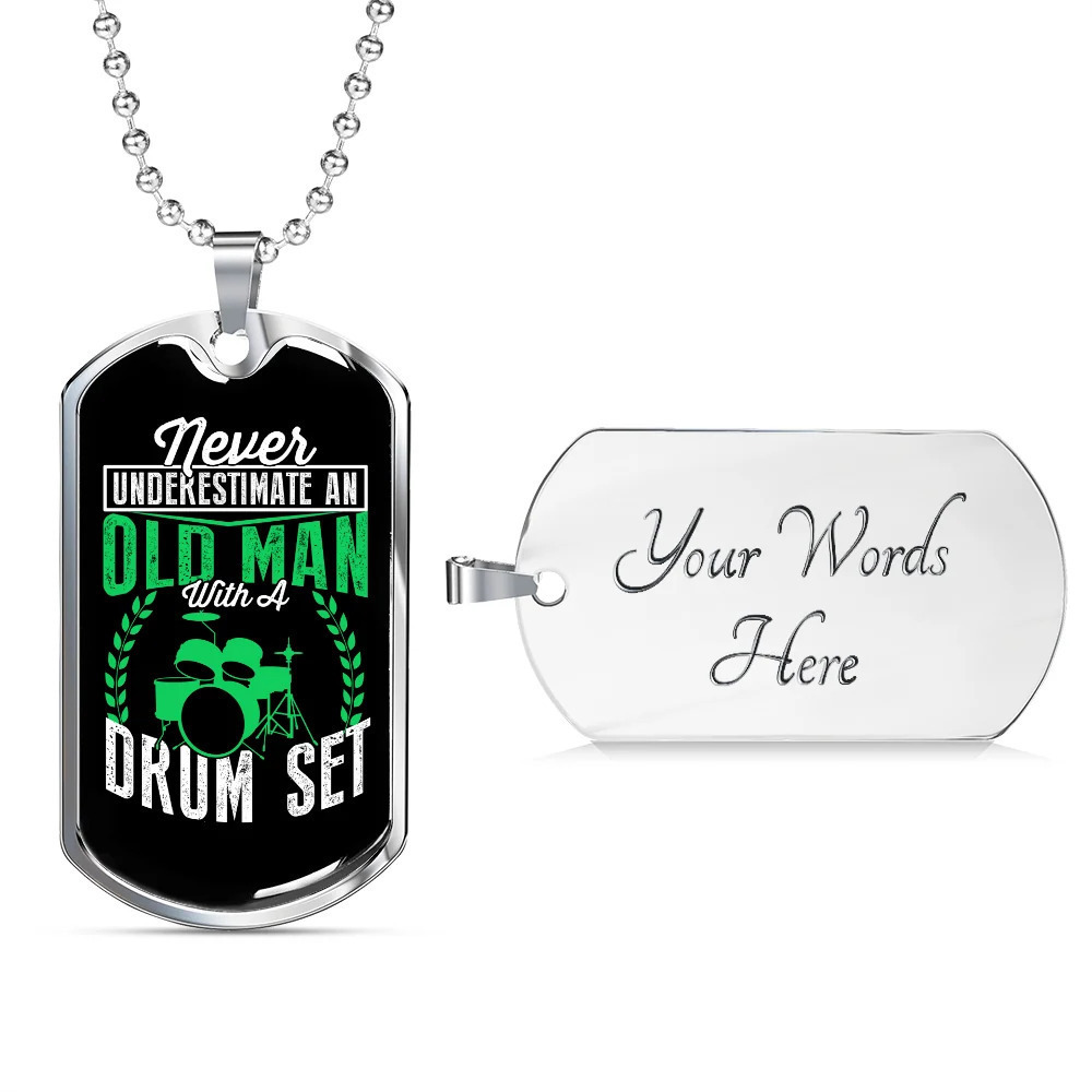 Drummer Necklace Old Man Drumset Green Personalized Engraved Silver Dog Tag Nec